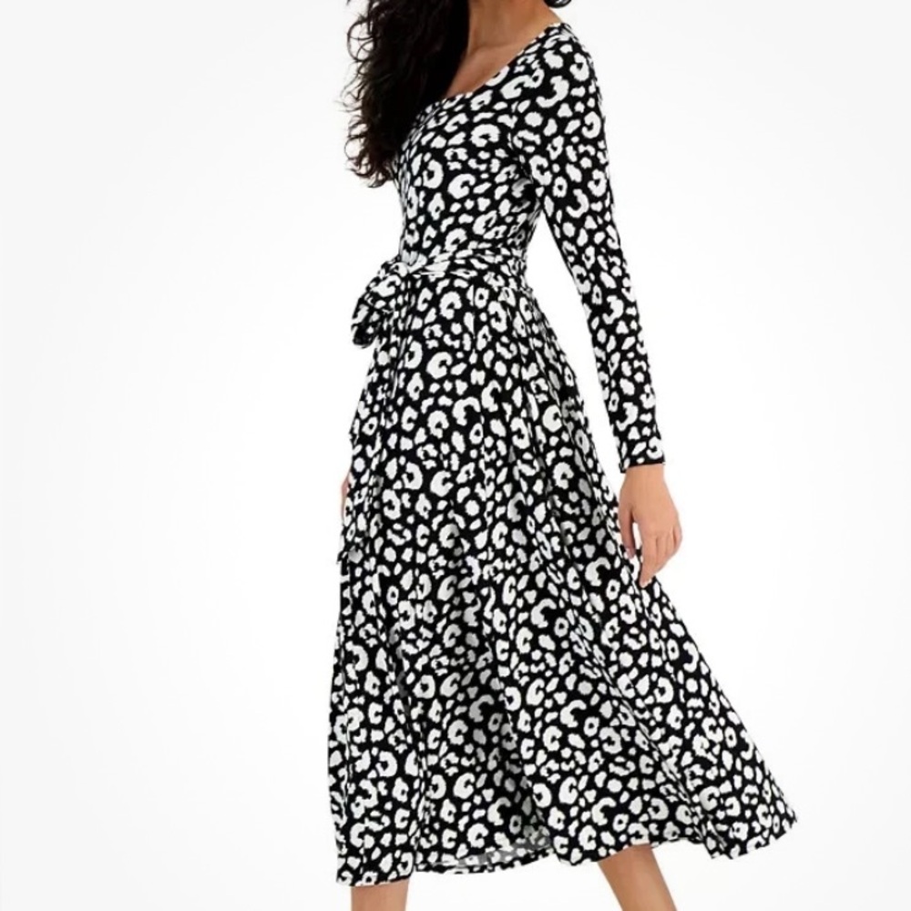 NWT Anne Klein Black & White Printed Square-Neck Tie-Waist Midi Dress Size M